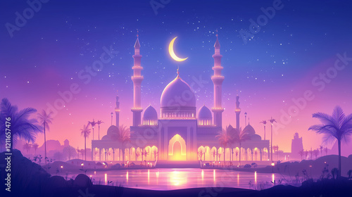 Wallpaper Mural Eid Mubarak banner background, view of a magnificent mosque with domes sparkling under the light of the crescent moon, decorated with small lights and palm trees, Ai generated images Torontodigital.ca