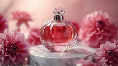 A luxurious round glass perfume bottle filled with pink fragrance, placed on a marble pedestal surrounded by blooming pink flowers. The soft lighting enhances its delicate and feminine charm.  
