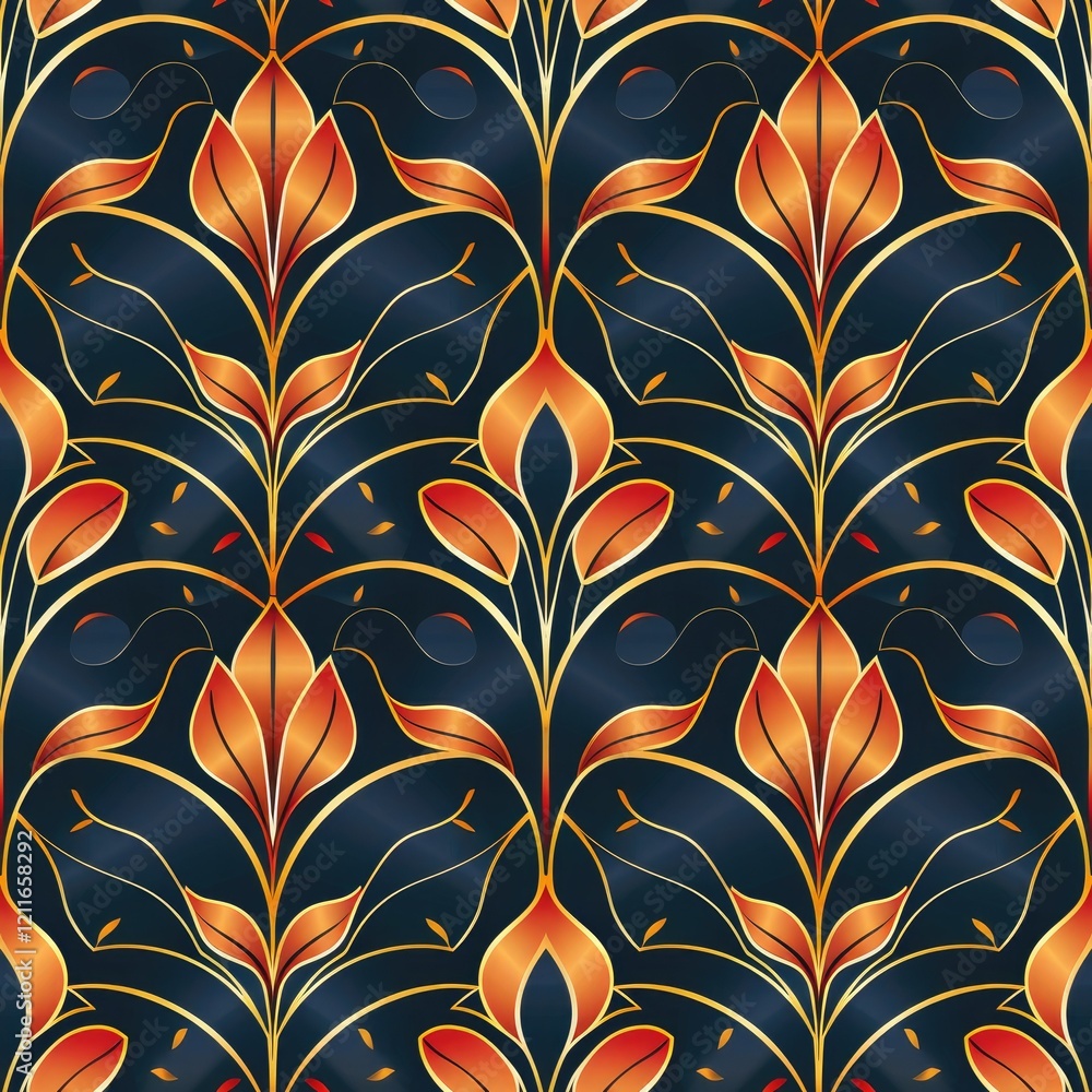 A vibrant floral pattern featuring orange and gold leaves on a dark blue background. A vibrant floral pattern featuring orange and gold leaves on a dark blue background.
