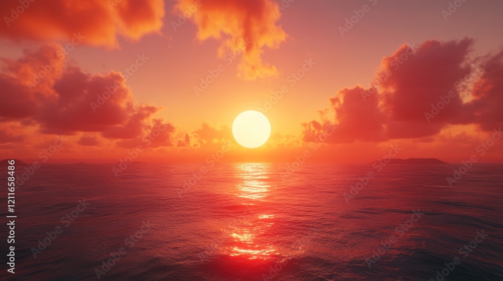 Vibrant sunset over calm ocean with red clouds and distant islands reflecting light Vibrant sunset over calm ocean with red clouds and distant islands reflecting light