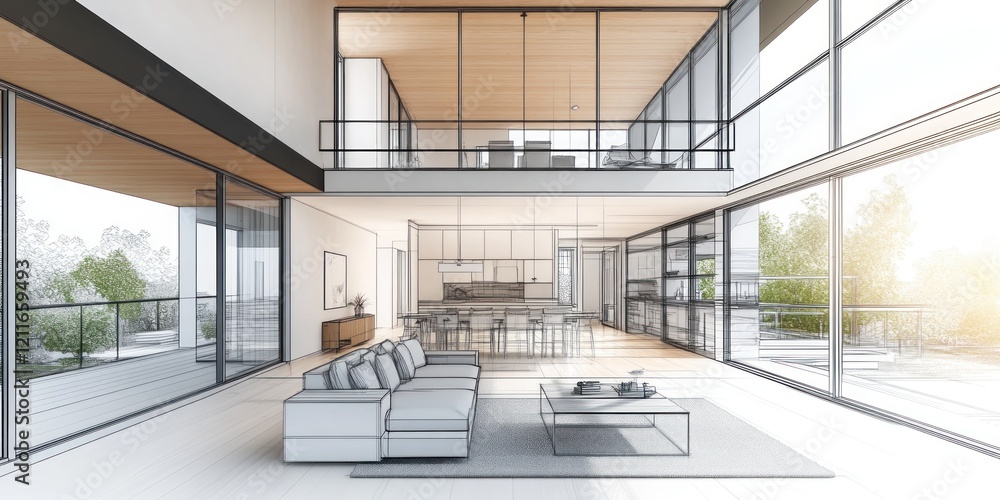 Fototapeta premium Modern Home Architectural Design Sketch Showing Interior Living Space