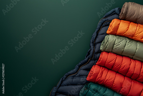 Pile of winter like puffer jacket, sweater and scarf isolated on dark green background with copy space for your text or product mockup design concept.