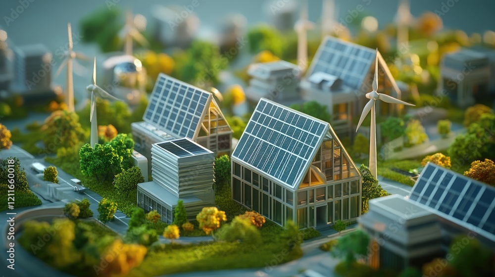 Fototapeta premium A miniature futuristic industrial city model, complete with solar panels, wind turbines, and futuristic architecture, highlighting sustainable energy production.