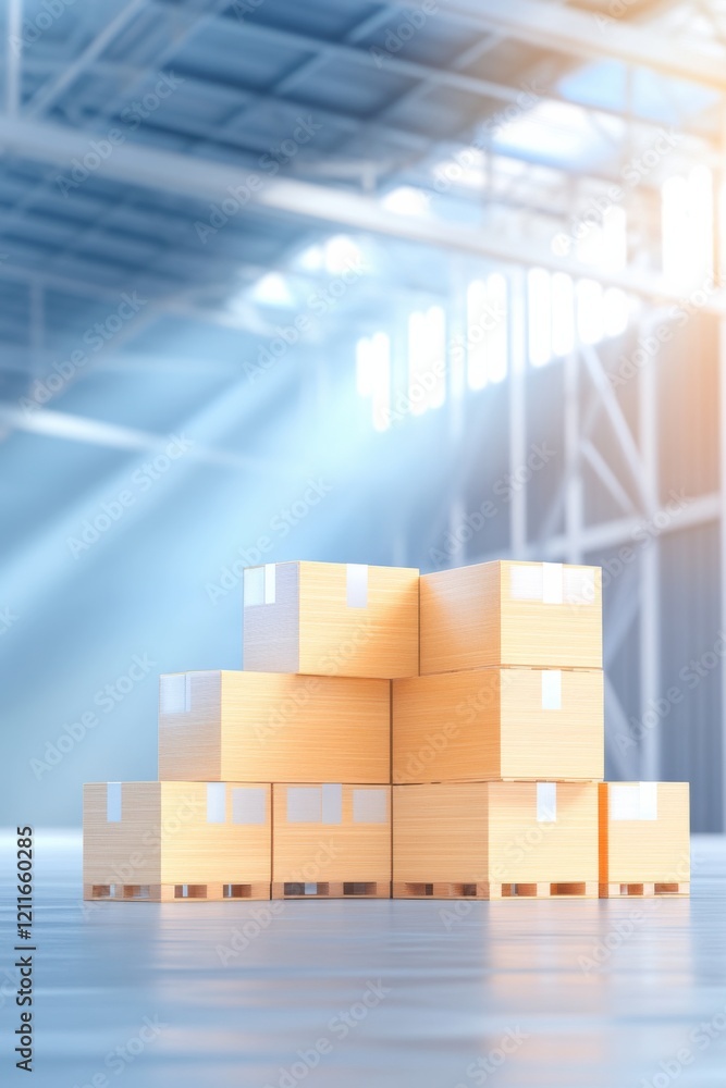 Minimalist warehouse storage design illustration featuring geometric stacked boxes in an industrial space with muted tones Minimalist warehouse storage design illustration featuring geometric stacked boxes in an industrial space with muted tones