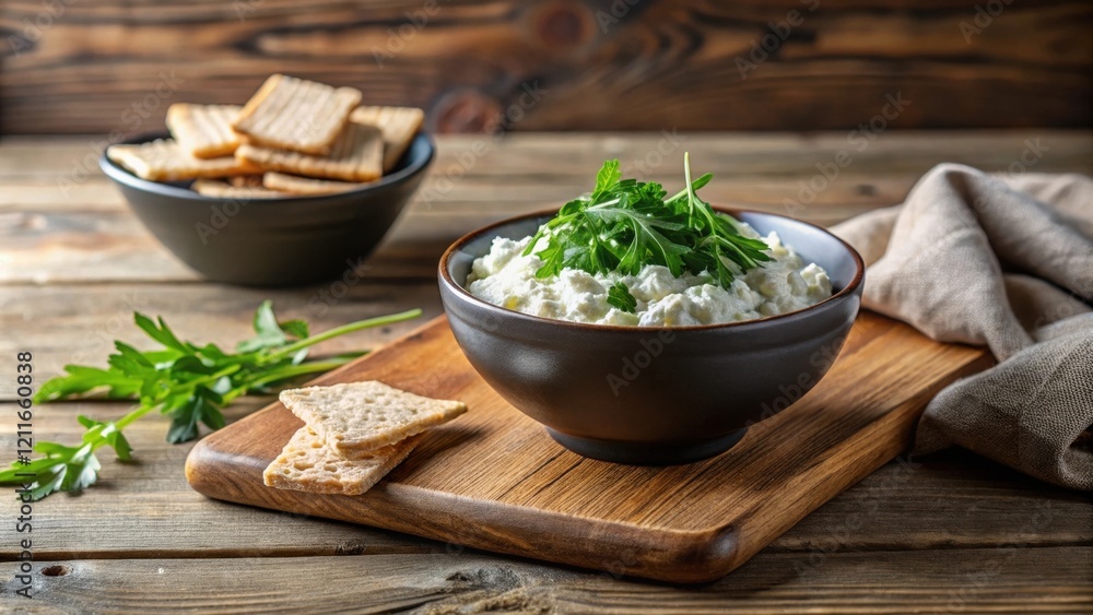 Creamy Cheese Dip with Herb Garnish and Crispy Crackers on Rustic Wooden Board Creamy Cheese Dip with Herb Garnish and Crispy Crackers on Rustic Wooden Board