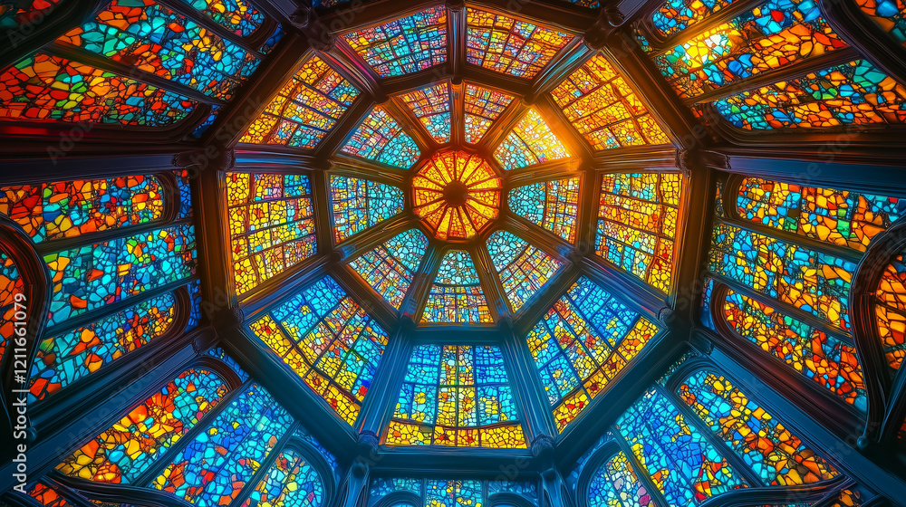 Colorful stained glass window with digital texture create modern style under dome structure showcasing many lines and edgy geometric pattern Colorful stained glass window with digital texture create modern style under dome structure showcasing many lines and edgy geometric pattern