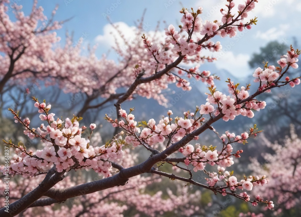 Enchanting white and pink ume plum blossom tree in full bloom, park, freshness Enchanting white and pink ume plum blossom tree in full bloom, park, freshness
