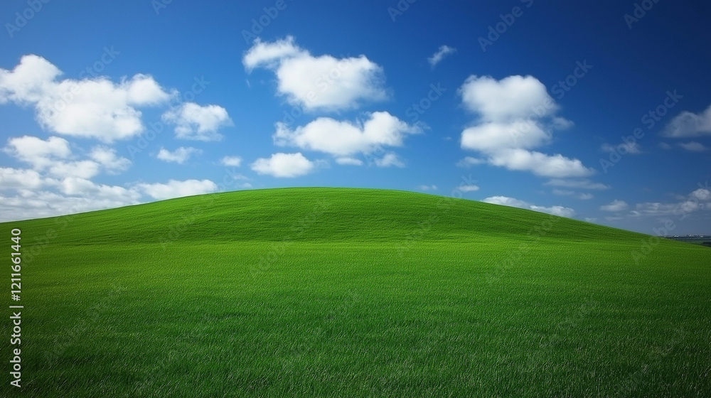 Fototapeta premium A vibrant green grassy field under a clear blue sky with fluffy white clouds, captured in high definition to showcase the natural beauty and serene atmosphere