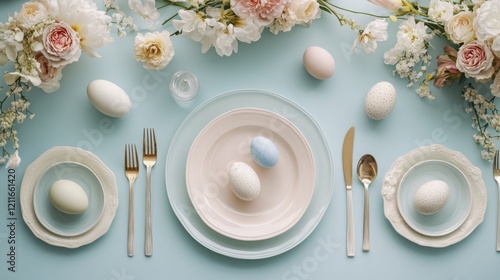 Elegant spring table setting with pastel easter eggs and floral decor photo