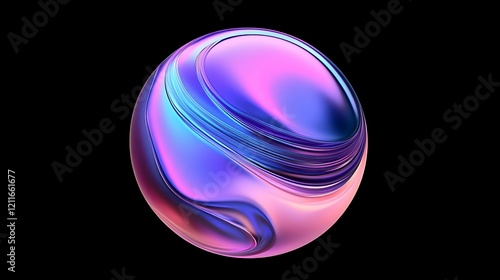 Abstract iridescent sphere with swirling, vibrant colors on black background.