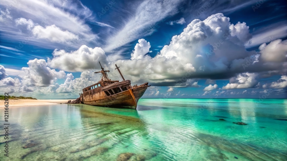 Photorealistic coastal scene with massive old wooden shipwreck on sandbar, pristine turquoise water, white sandy beach, calm ocean, bright sky with fluffy clouds, serene dramatic atmosphere Photorealistic coastal scene with massive old wooden shipwreck on sandbar, pristine turquoise water, white sandy beach, calm ocean, bright sky with fluffy clouds, serene dramatic atmosphere