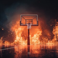 A basketball hoop surrounded by flames, an orange and red color scheme, a dark background.