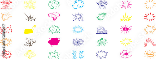 Explosion icon set, bomb blast illustrations, explosion graphics, nuclear explosion symbols, comic explosion art vector designs colorful blast effects