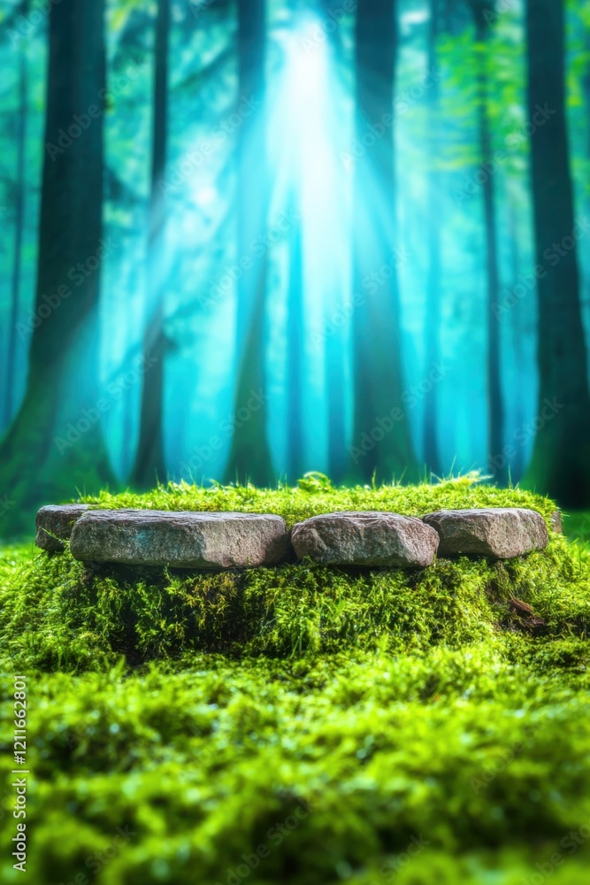 Obraz premium Misty forest with ancient stone circle shrouded in mystery and evoking ancient rituals under ethereal light