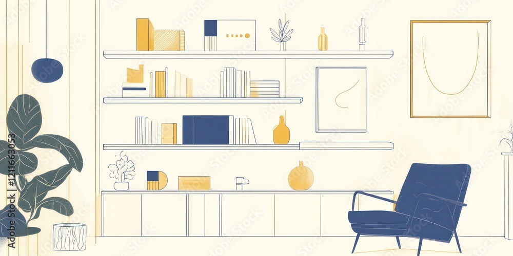 Fototapeta premium Modern Living Room Decor Featuring Shelving and Armchair