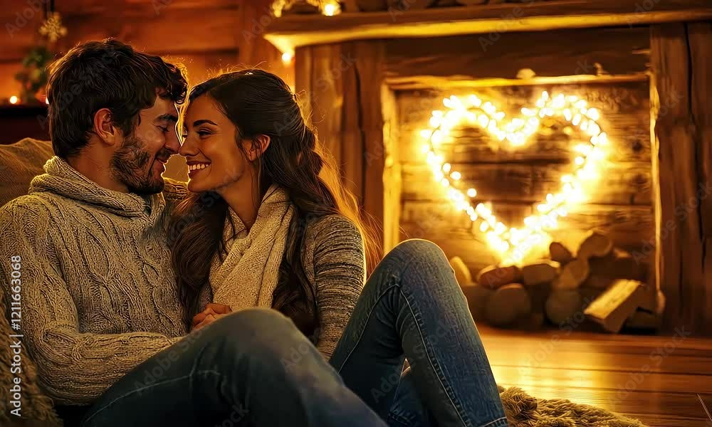 Cozy couple enjoying intimate moment by warm fireplace in rustic cabin adorned with heart shaped lights creating a romantic atmosphere Cozy couple enjoying intimate moment by warm fireplace in rustic cabin adorned with heart shaped lights creating a romantic atmosphere