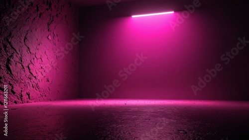Dark room with pink neon light, textured walls, and empty floor, creating a moody atmosphere