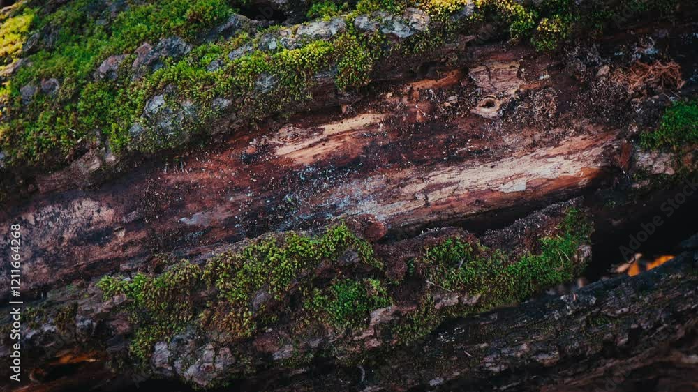 A calming close-up of a moss-covered log in a tranquil forest. The vibrant green moss contrasts beautifully with the warm, earthy tones of the decaying wood. Perfect for nature documentaries, relaxat A calming close-up of a moss-covered log in a tranquil forest. The vibrant green moss contrasts beautifully with the warm, earthy tones of the decaying wood. Perfect for nature documentaries, relaxat