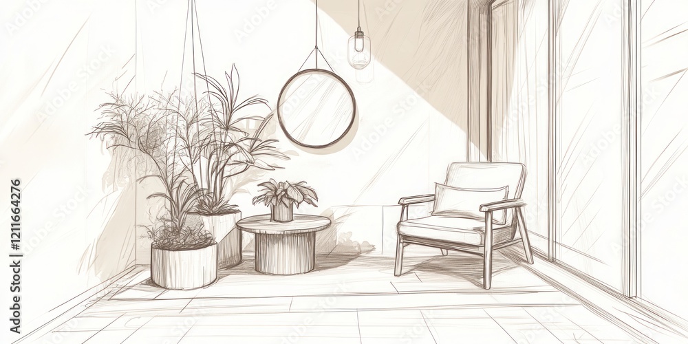 Fototapeta premium Serene Balcony Sketch Featuring Plants Chair and Light