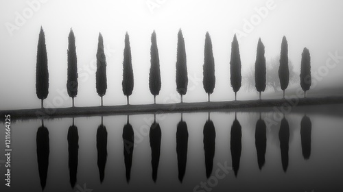 A peaceful foggy scene with a perfectly aligned row of trees, providing harmony and balance to the tranquil, mist-covered landscape.