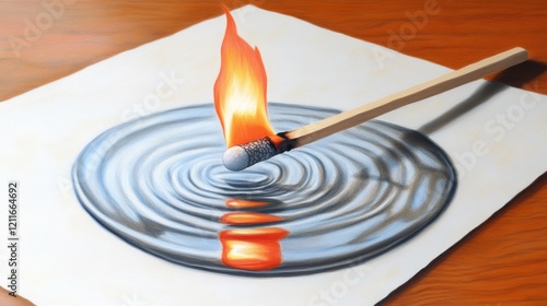 Burning match illusion, water ripples, wood table, art, design photo