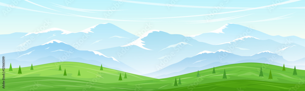 Fototapeta premium Wide banner with a mountain landscape. View of green hills with trees and high mountains. The concept of tourism, hiking in the mountains, recreation in nature.