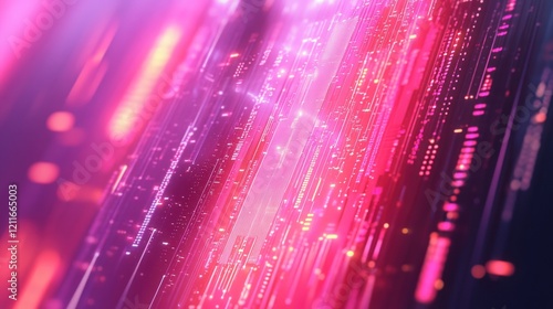 Abstract pink data stream flowing, city bokeh background, digital art