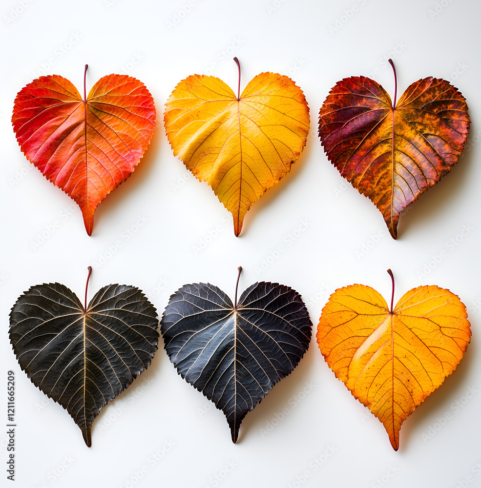 Obraz premium dried leaves in various shades and shapes, arranged on a white background