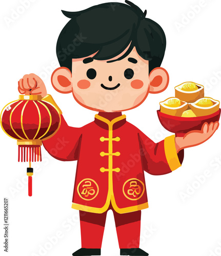 A boy in traditional Chinese attire holding red lanterns or gold ingots