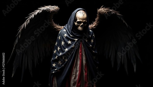 Grim Reaper in American Flag Drape, Winged Skull, Dark Angel of Death
