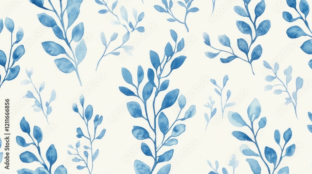 Fototapeta premium Blue watercolor leaf pattern, seamless design, white background, textile print