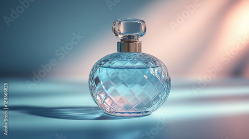 A stunning round perfume bottle with diamond-cut glass, filled with a light blue liquid. The elegant reflections and soft lighting create a sophisticated and glamorous ambiance.  
