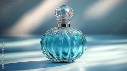 A luxurious round perfume bottle filled with blue liquid, featuring a crystal cap and intricate glass detailing. Soft light reflections enhance its elegance and sophistication.  
