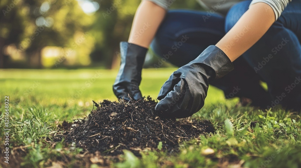 Fototapeta premium Woman gardening, planting soil outdoors, sunny park background, spring planting.
