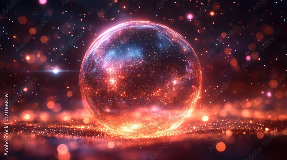 A glowing orb surrounded by vibrant cosmic particles in a mystical space setting A glowing orb surrounded by vibrant cosmic particles in a mystical space setting