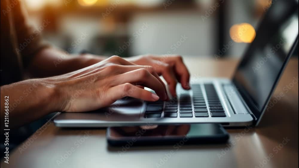 Close-up of hands typing on a laptop keyboard with a focus on the interaction between the fingers and keys Close-up of hands typing on a laptop keyboard with a focus on the interaction between the fingers and keys