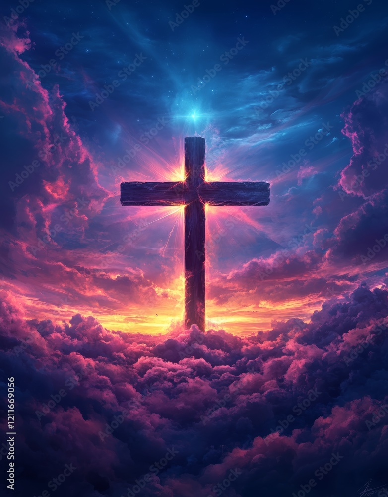 Fototapeta premium illustration of the cross with clouds in front and behind it