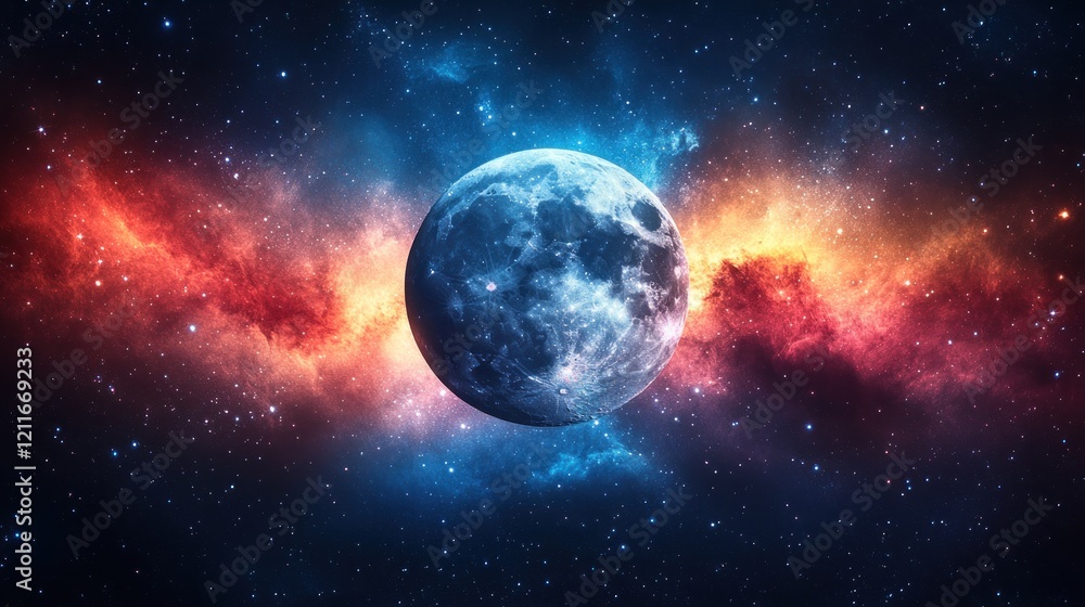 Naklejka premium Stunning cosmic view of a bright moon surrounded by colorful nebulae in deep space