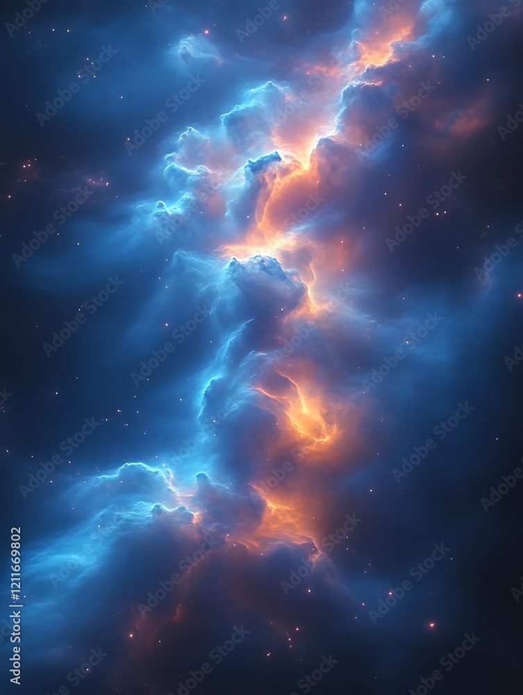 Obraz premium Glowing nebula with blue and orange clouds.