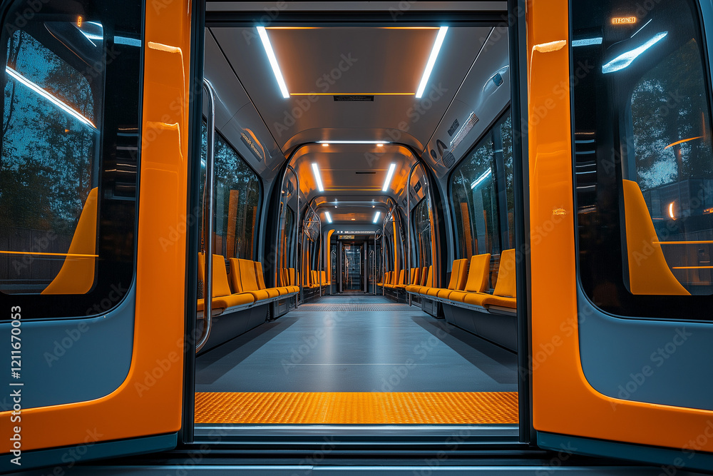 Fototapeta premium Inside the Cozy Blue Metro Car, The Interior of a Relaxing and Comfortable Transit System