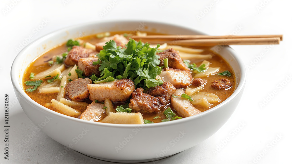 Delicious bowl of noodle soup with pork and cilantro Delicious bowl of noodle soup with pork and cilantro