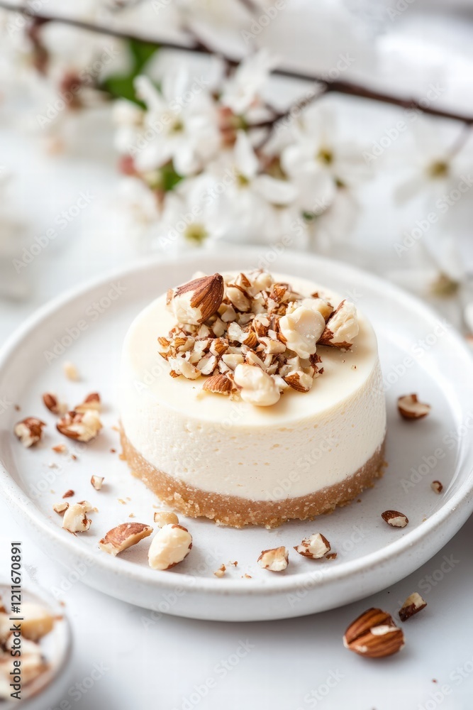 A visually appealing dessert, featuring a creamy cheesecake topped with nuts, surrounded by delicate flowers and soft lighting. A visually appealing dessert, featuring a creamy cheesecake topped with nuts, surrounded by delicate flowers and soft lighting.