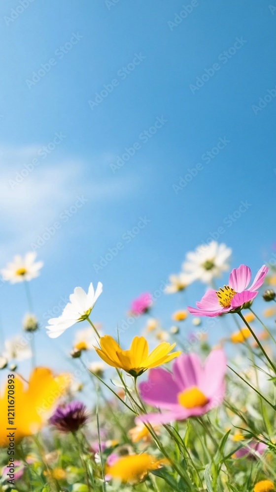 Colorful cosmos flowers bloom under a sunny sky. Colorful cosmos flowers bloom under a sunny sky.