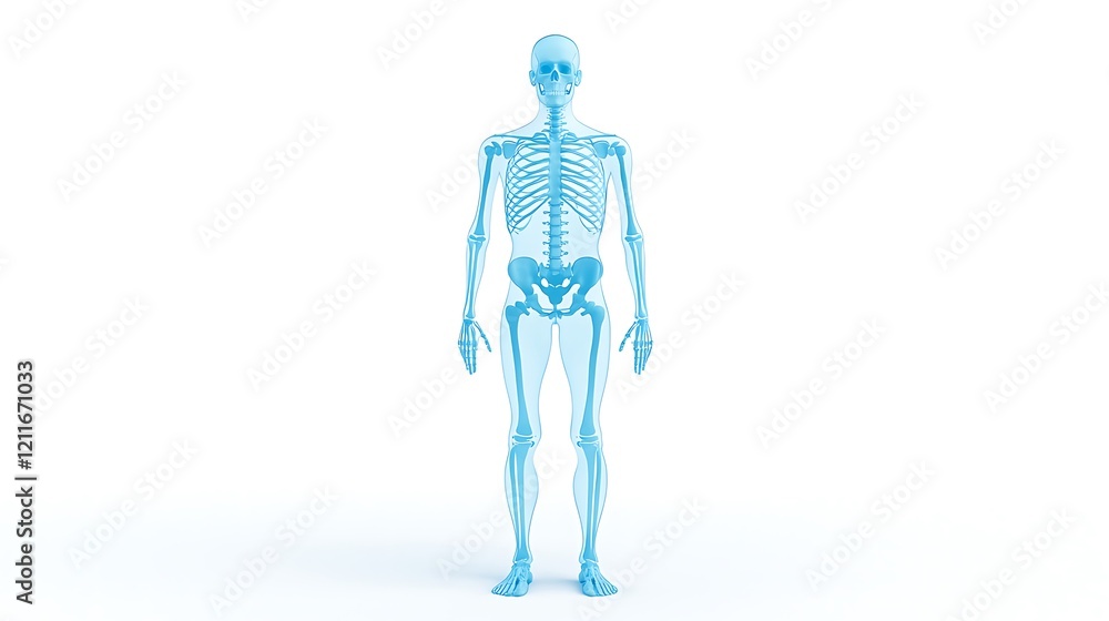 A translucent blue skeleton model stands upright against a white background, showcasing human anatomy. A translucent blue skeleton model stands upright against a white background, showcasing human anatomy.