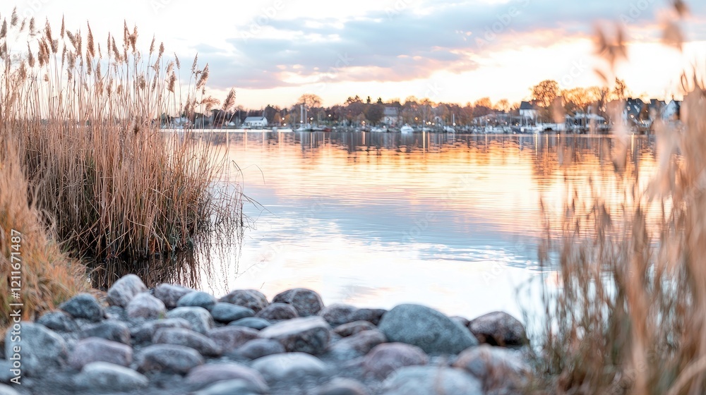 Fototapeta premium Calm sunset over harbor, reeds, stones. Peaceful waterfront scene. Ideal for travel brochures