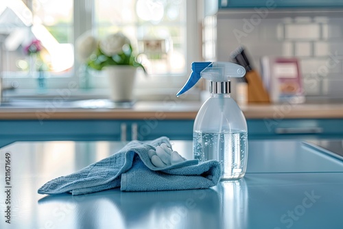 Sanitizing Kitchen Table with Disinfectant Spray for Covid19 Prevention and Hygiene Maintenance photo