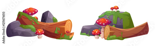 Swamp forest terrain pieces with fallen logs, gray rocks, moss and red spotted mushrooms. Mossy landscape elements covered by green slime, decorated with toadstools. Natural environment game assets.