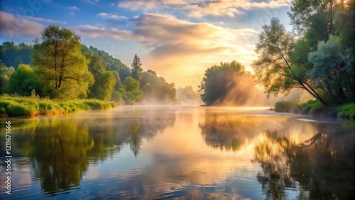 Wallpaper Mural Serene River Mist at Sunrise Golden Light Illuminates Lush Foliage and Tranquil Waters Torontodigital.ca
