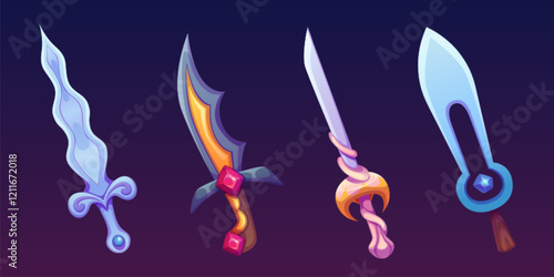 Magic sword collection with ornate gemstone decorations. Fantasy weapon set decorated by crystals, spiral elements and curved blade. RPG game medieval equipment icons for warfare gaming assets.