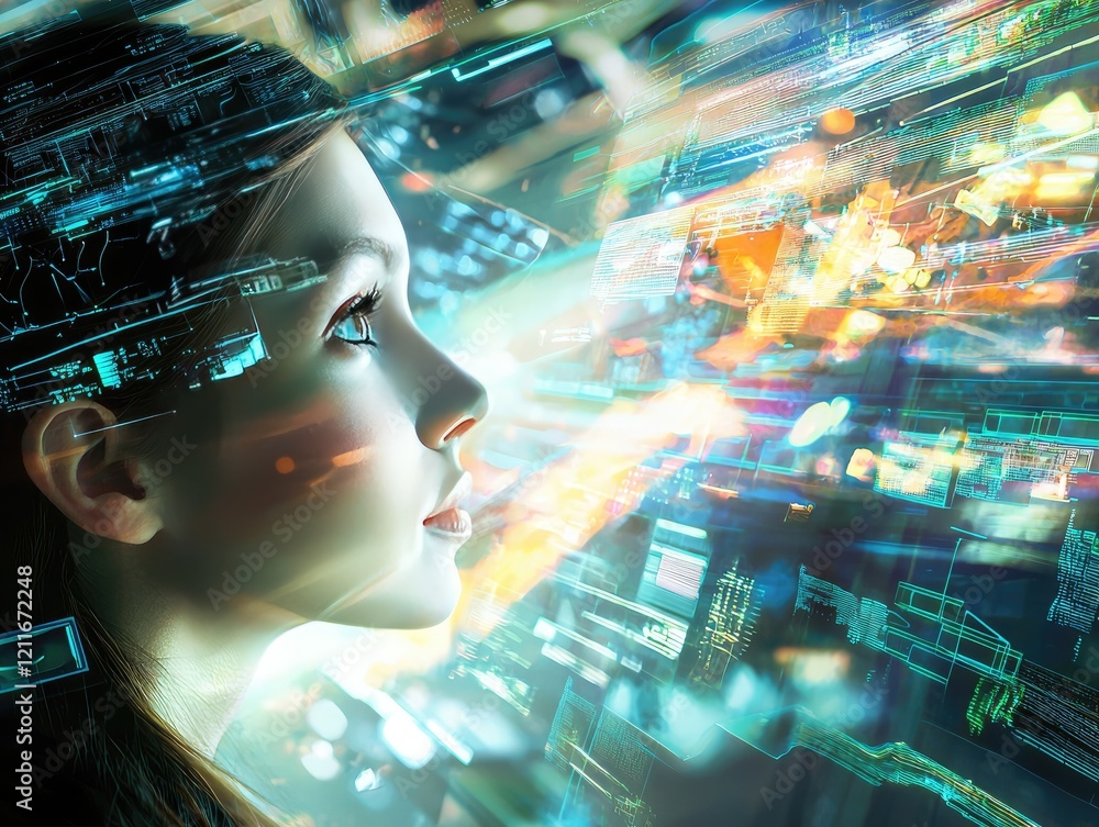 Digital Evolution: A woman's face emerges from a flurry of digital code, her eyes wide with wonder and anticipation. She is enveloped by a dynamic display of data streams and abstract patterns. Digital Evolution: A woman's face emerges from a flurry of digital code, her eyes wide with wonder and anticipation. She is enveloped by a dynamic display of data streams and abstract patterns.